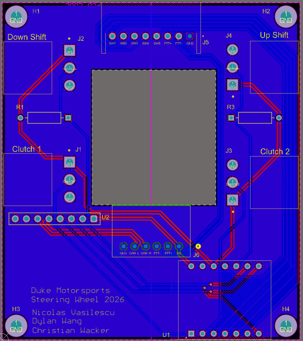 2D layout of the finished board: paddle and clutch connectors flank the WCMCU-1051 CAN board and ESP32-C3, with grounded mounting holes at each corner