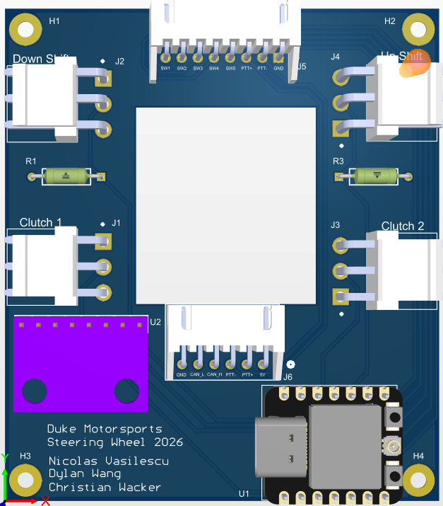 3D render of the assembled board, with the ESP32-C3 dev board and WCMCU-1051 CAN module in the lower right and center
